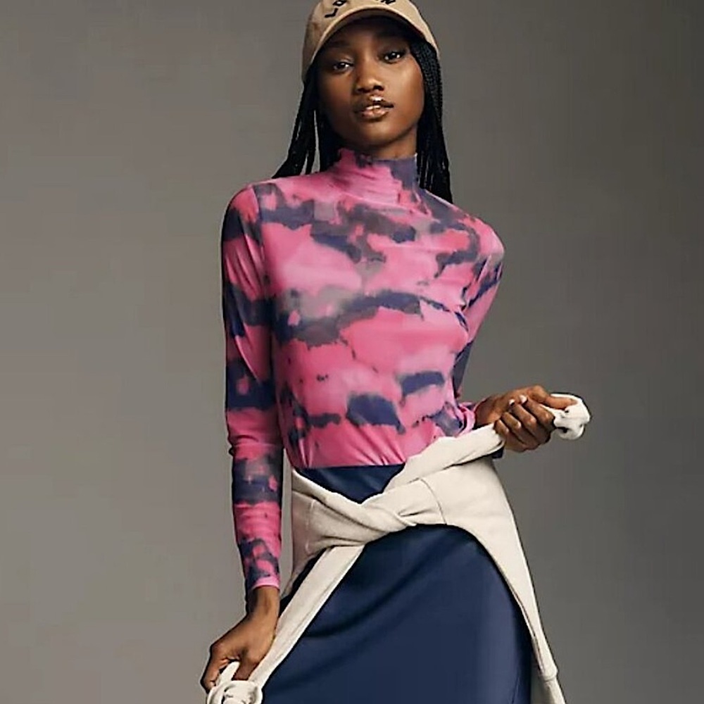 Anthropologie Mesh Sheer Turtleneck Fitted Long Sleeve‎ Top Pink Purple XS